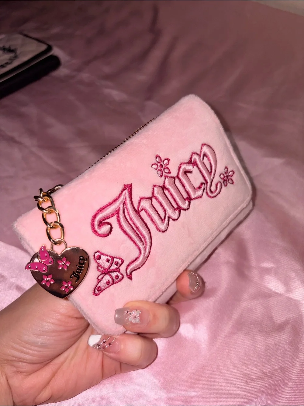 Juicy Couture Pink Velvet Embroidered Logo Cosmetic Pouch with Heart Charm